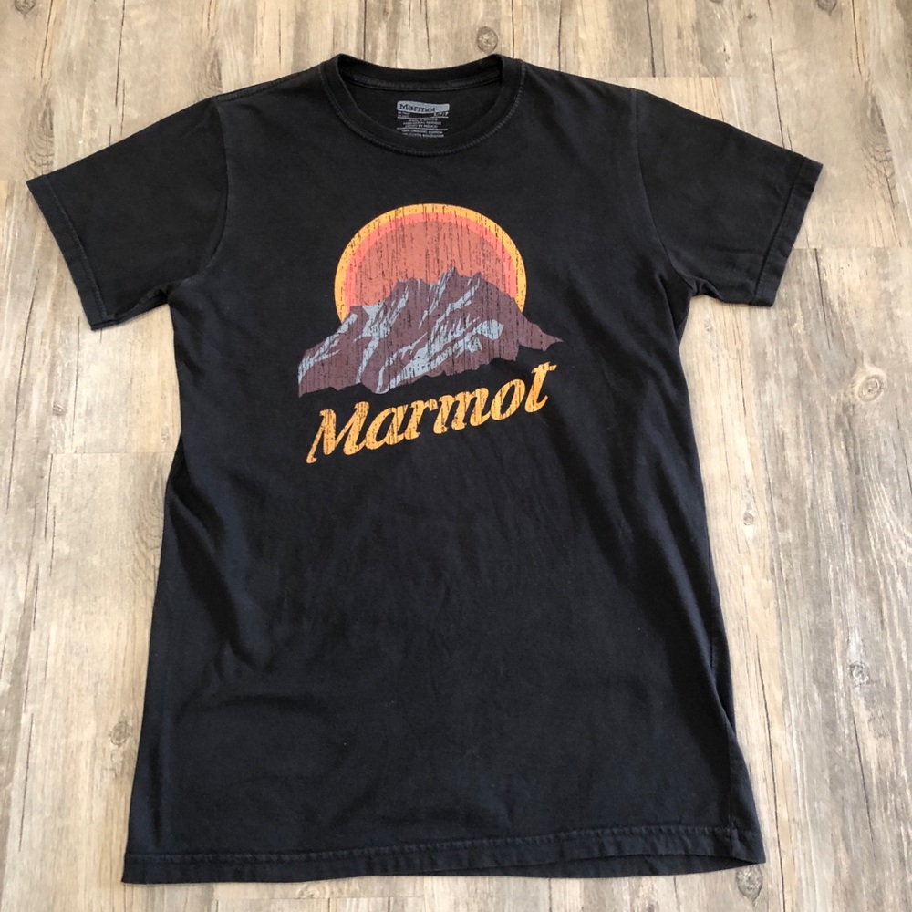 Marmot Graphic T-Shirt Small Black Organic Cotton Mountain Logo Tee S